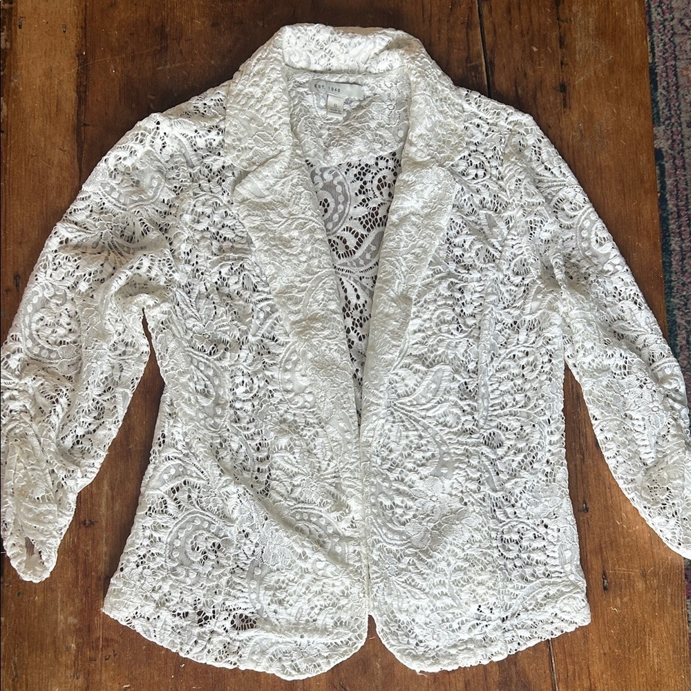 White Lace Blazer Open Front Floral Lace Jacket Spring Layering